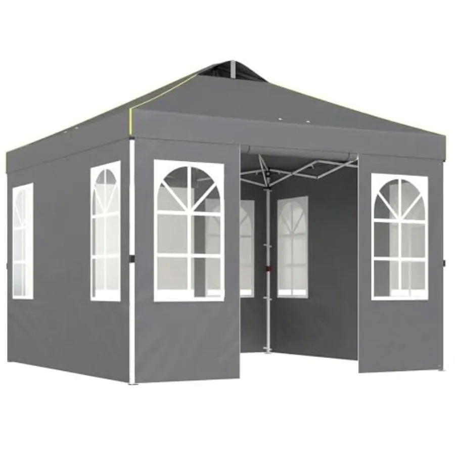 Outdoor portable instant canopy shelter, 9.6 x 9.6 ft pop up tent with sidewalls UPF50+, dark gray polyester fabric, one-button