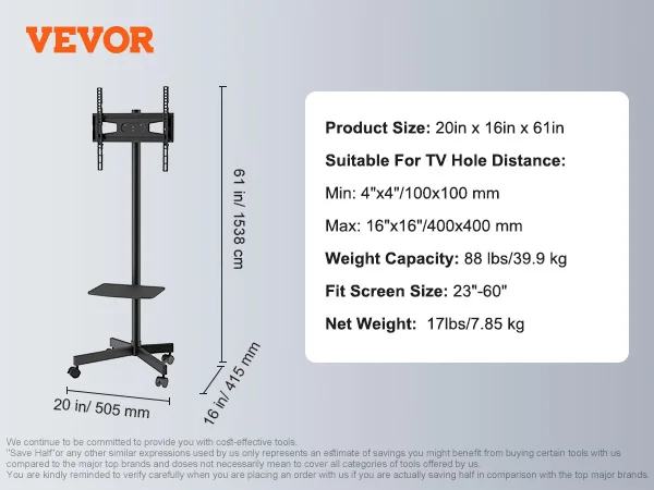 SucceBuy Mobiler TV-Ständer, höhenverstellbarer TV-Ständer mit Rollen, Doppeltablett für audiovisuelle Geräte, rollender TV-Ständer für Schlafzimmer 5