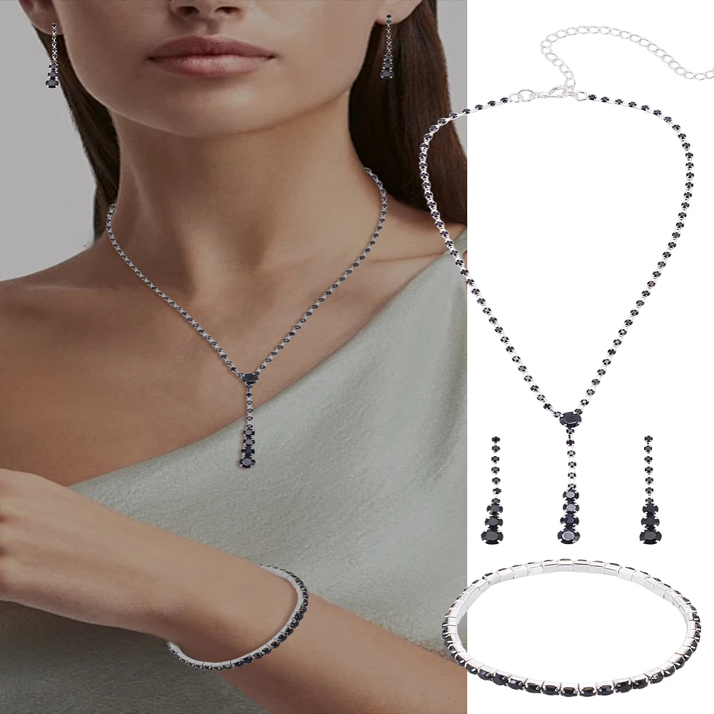 1 Set Rhinestone Wedding Set Silver Rhinestone Necklace Earrings Sets Single Row Inlaid Necklaces Earrings Bracelets Wedding