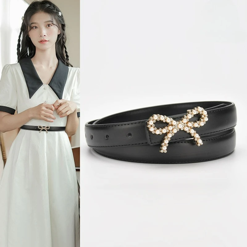 French Pearl Bow Women's Belt Fashion Smooth Cowhide Thin Belt Dress Elegant Accessories Versatile Luxury Belt