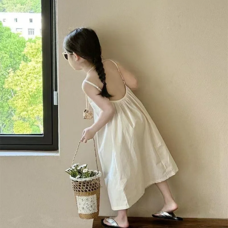 

2026 Summer Girls' lothes Backless Camisole Dress Vacation Style Beach Cool Dress Baby Girl's Suspender Dress with A Large Skirt