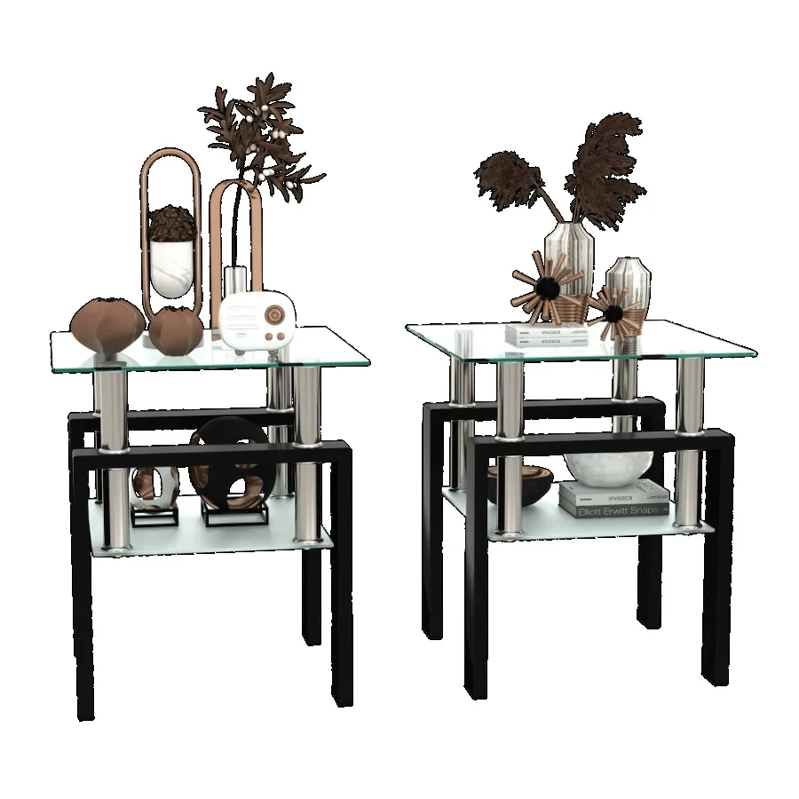 مجموعة من 2 طاولة شاي حديثة من الزجاج المقسى وطاولة قهوة وطاولة مربعة لغرفة المعيشة شفافة/أسود #1