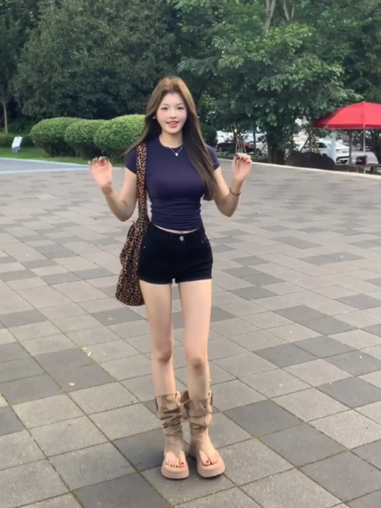 Retro Amerykańskie Jeansowe Szorty Damskie z Wysokim Stanem Wyszczuplające Uniwersalne Spodnie w Kształcie Litery A z Prostymi Szerokimi Nogawkami Hot Girls Shorts