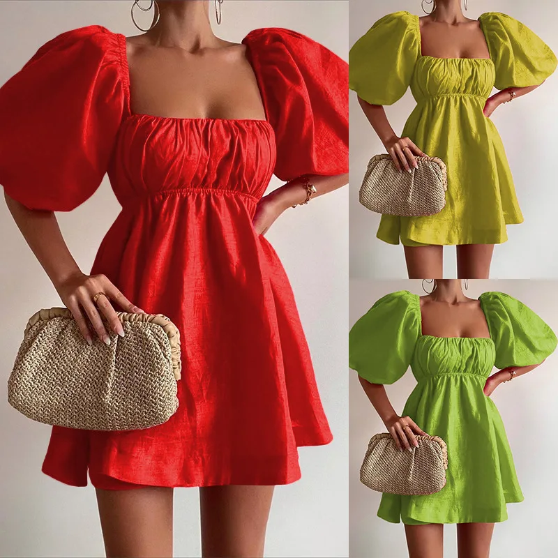 Casual Puff Sleeve Square Collar High Waist Backless Pleated Party Mini Dress Women Elegant Summer Linen Corset Evening Dress