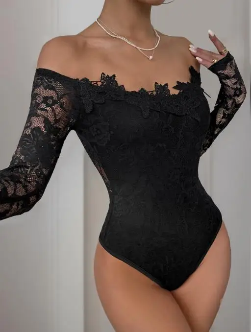 

Весна и лето 2024, новый элегантный и сексуальный кружевной комбинезон с длинными рукавами, черный облегающий цельный комбинезон, верхняя женская одежда