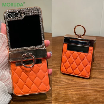 Z Flip6 Ring Holder Shiny Diamonds Case for Samsung Galaxy ZFlip5 ZFlip 6 5 4 3 Flip4 Luxury Leather Shockproof Hinge 3in1 Cover