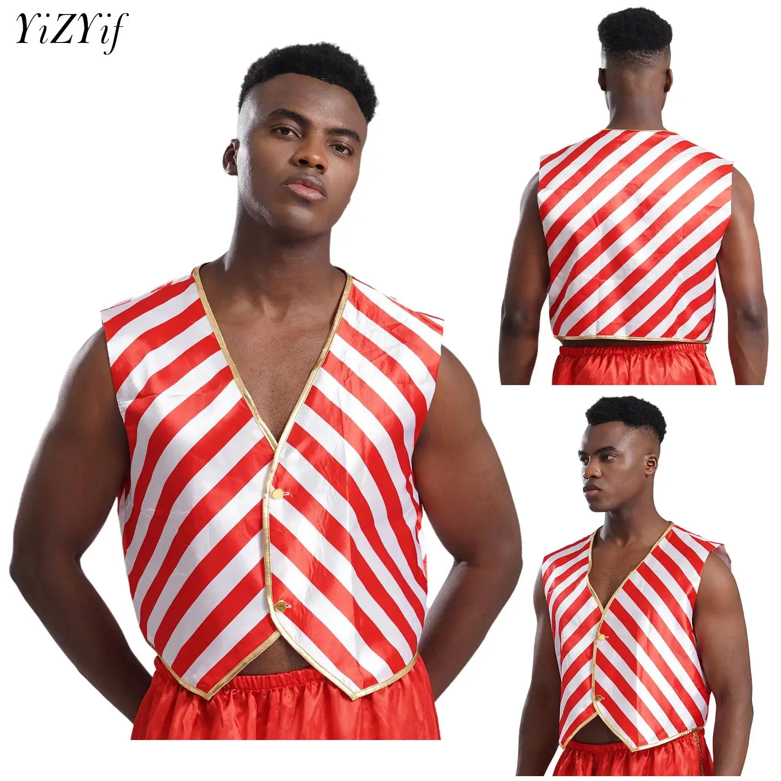 Men Christmas Santa Elf Candy Cane Striped Waistcoat V Neck Pointed Hem Vest Jacket Carnival Holiday Party Performance Costume