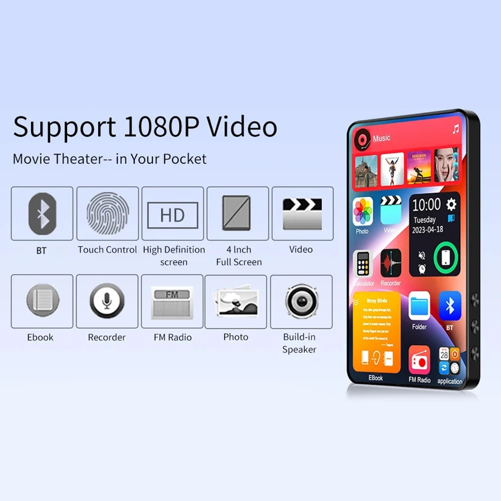 4 بوصة مشغل بلوتوث MP3 مشغل موسيقى مكبر صوت مدمج 16G شاشة كاملة تشغيل فيديو MP4 مع تسجيل راديو FM لـ Walkman
