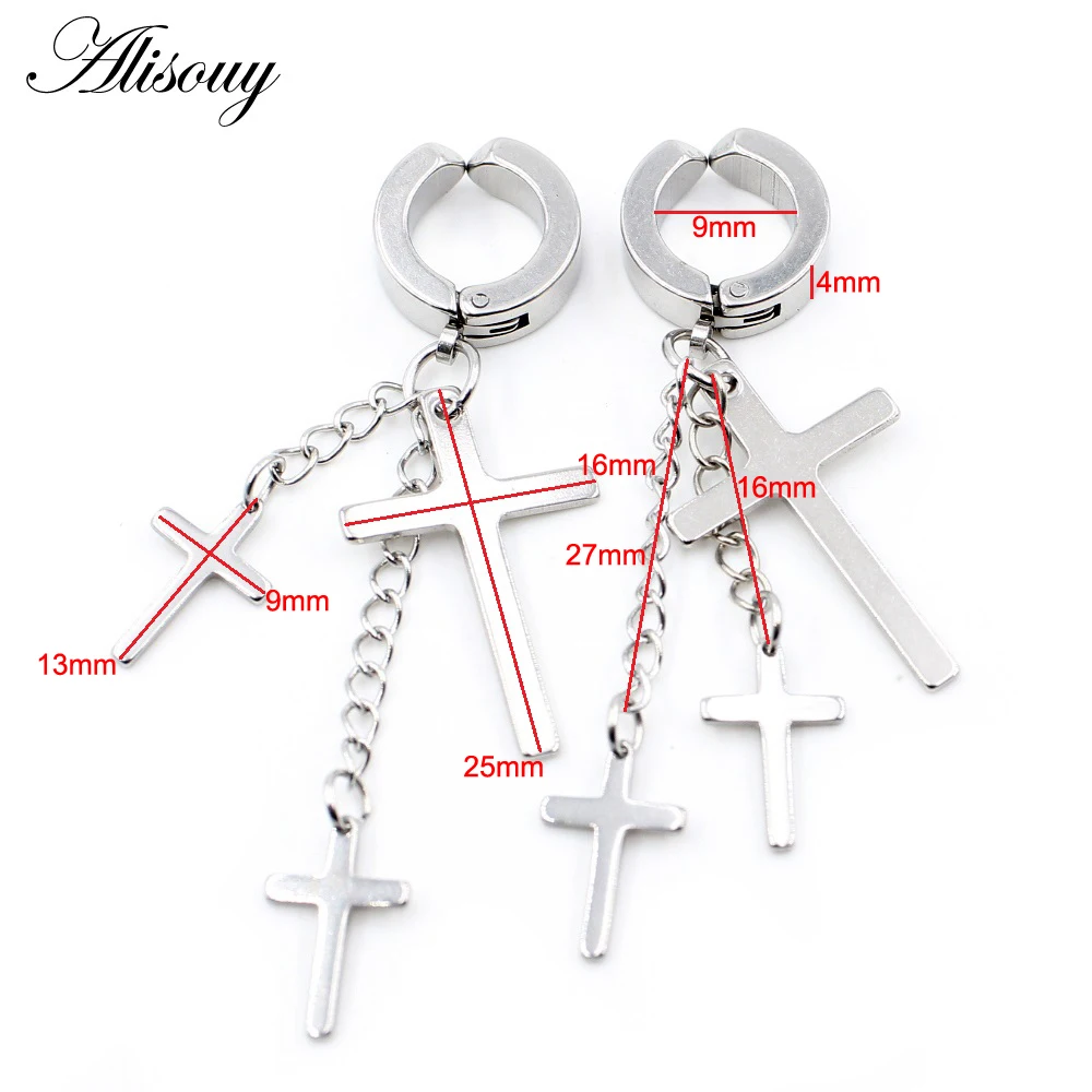 Alisouy 2 pezzi Punk Hiphop Rock Catena in acciaio inossidabile Ciondolo croce Unisex Donna Uomo Huggie Round Ear Hoop Orecchini con perno Cartilagine