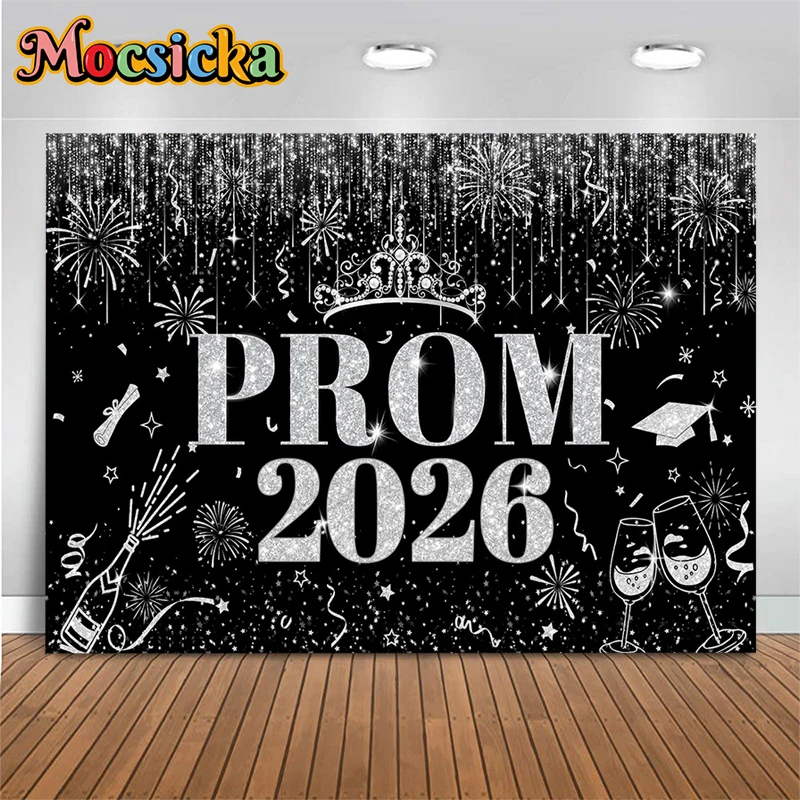 Mocsicka Prom 2026 Backgrounds For Photographs Silver Black Graduation Decor School Party Student Portrait Backdrop Photo Studio