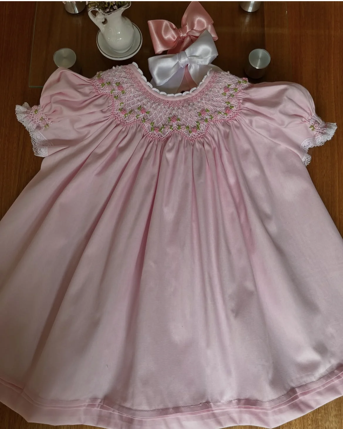 

Baby Girl Summer Pink Flower Handmade Embroidery Smocked Blue Dress for Eid Birthday A134 Party Holiday Photography Casual