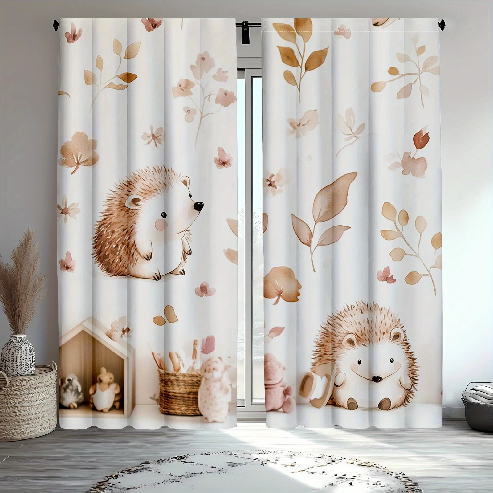 2pc Cute hedgehog print curtains, polyester fabric, machine washable, suitable for bedroom and living room decoration