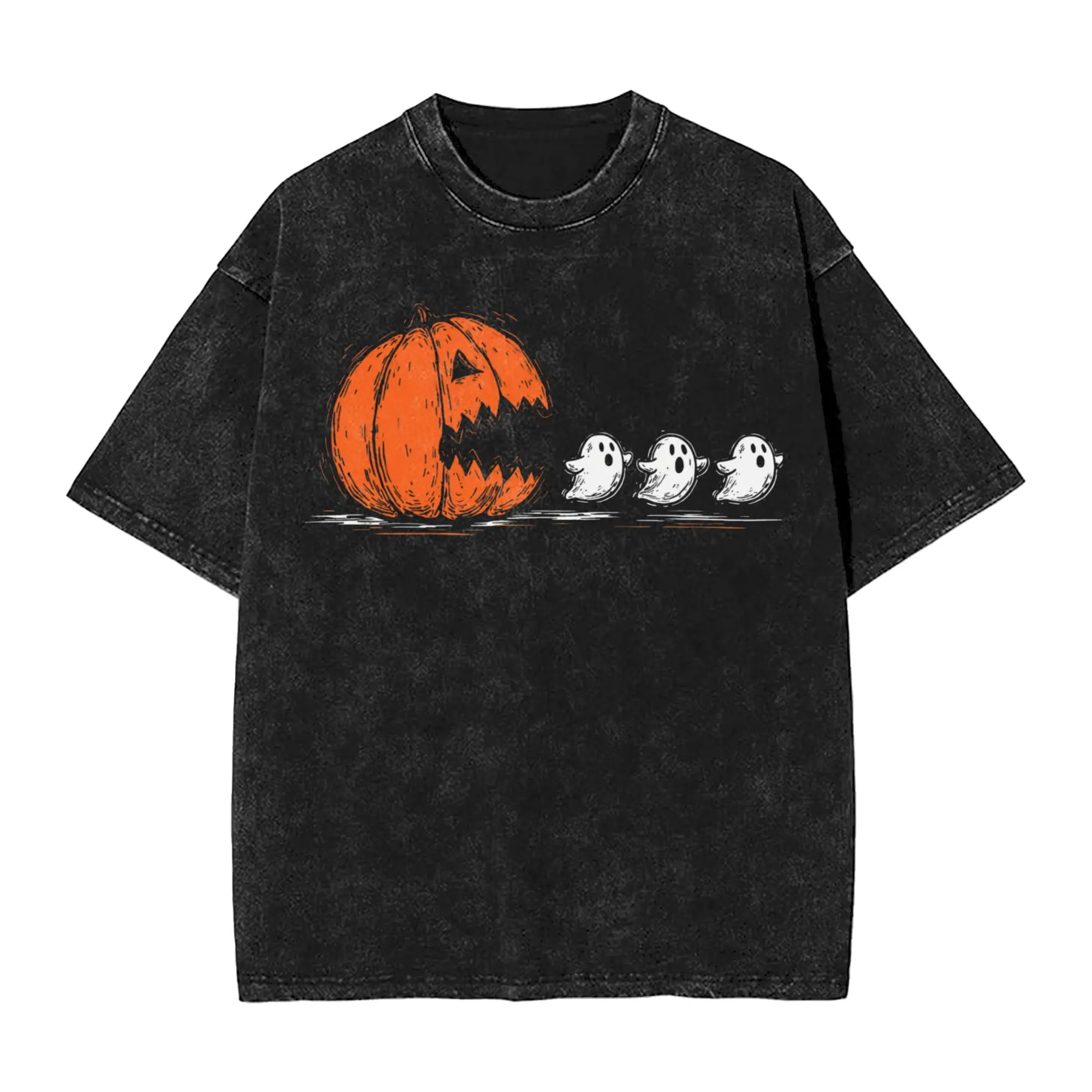 Halloween Spooky Pumpkin Men's T Shirt Washed  Novelty Tee Shirt Short Sleeve Round Neck T-Shirt Pure Cotton Gift Idea Clothes