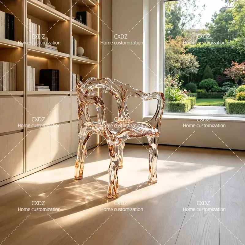 Transparent Art Resin Chair with Back and Armrests for Hotel Villa Living Room Dining Room Home Stool Seat