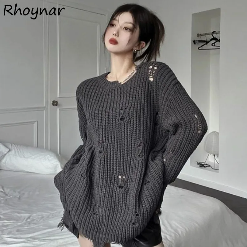 

Pullovers Women Personalized Hole Loose Retro Lazy Style Korean Version Ins Knitted Sweaters Tops Gray Khaki Autumn Winter Chic