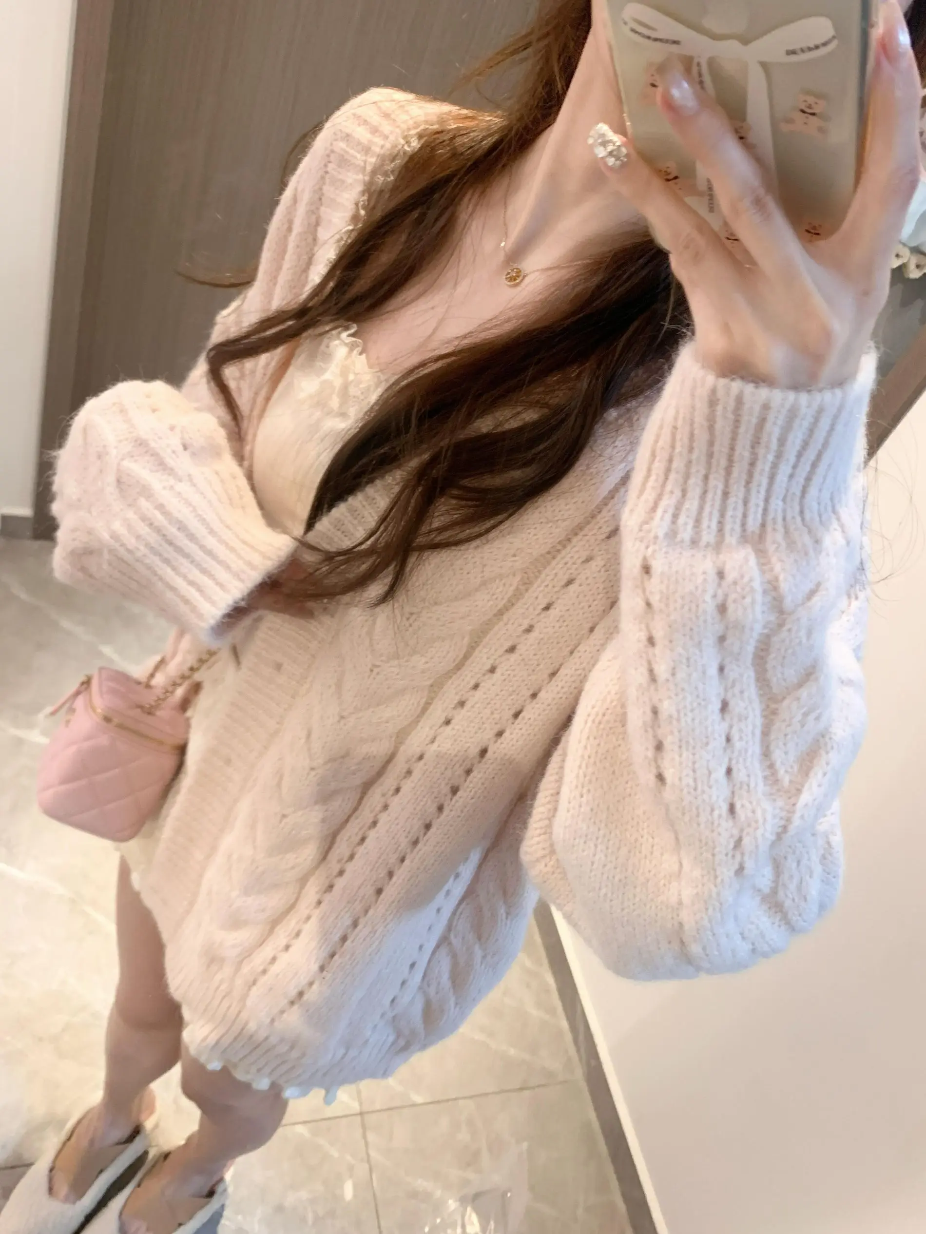 

Розовый вязаный свитер с v-образным вырезом, женский свободный открытый кардиган Lazy Sle Twist, весна 2024, новый корейский топ