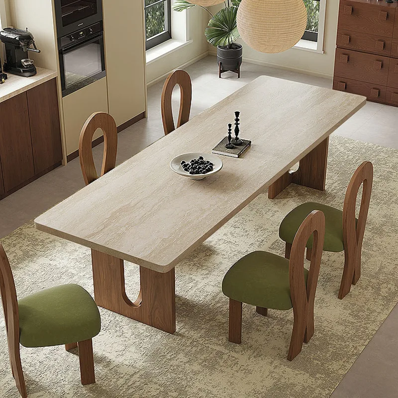 French retro bottom hanging travertine rock slab dining table, antique designer original household minimalist rock slab solid wo