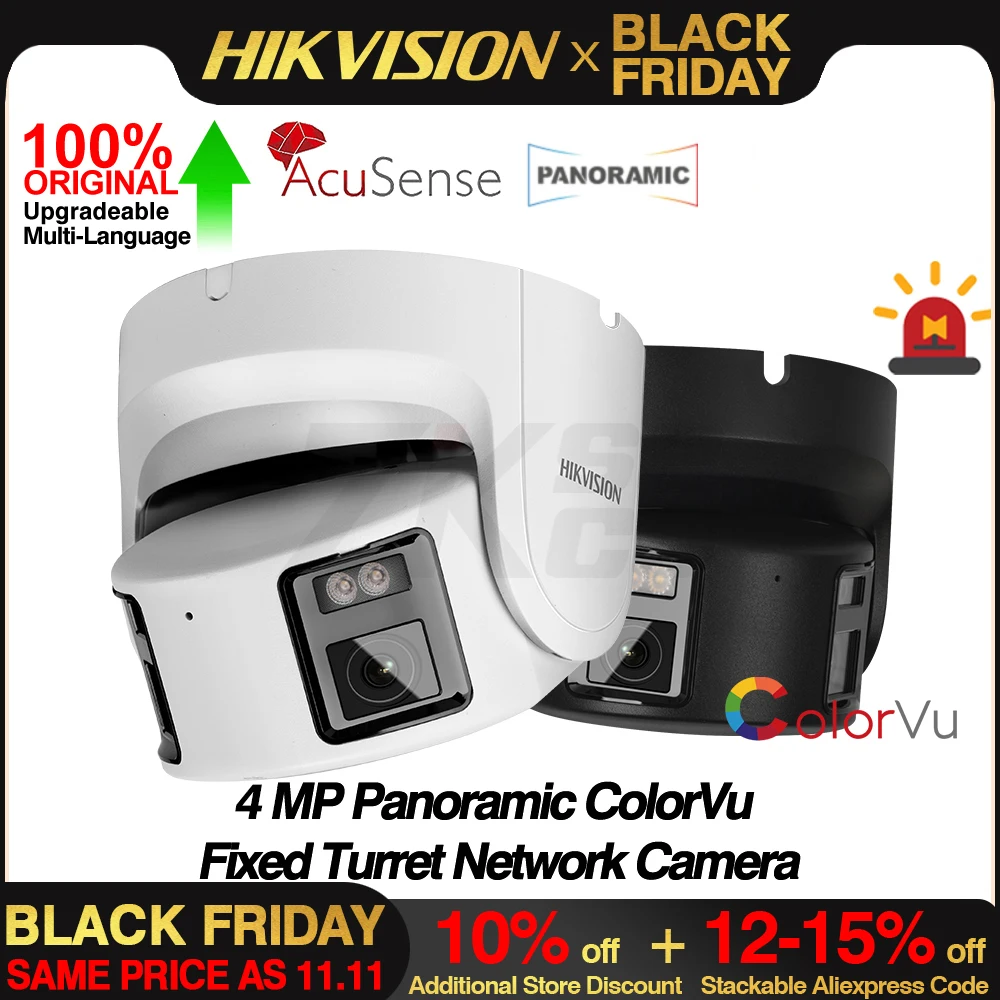 Hikvision DS-2CD2347G2P-LSU/SL 4MP Dual Lens Panoramic ColorVu Turret IP Camera  Acusense Strobe Light Audible Alarm 2-Way Audio