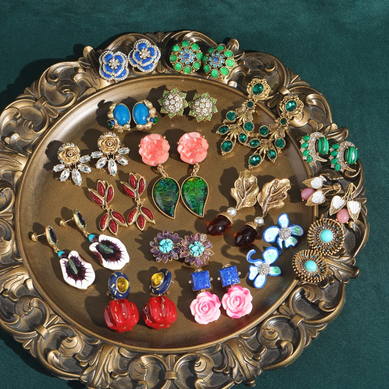 خمر ورقة الوردي القرط مسمار روز كوارتز الحجر الطبيعي المينا الذهب اللون أنيقة مجوهرات فاخرة جودة مصمم هدايا الزفاف #3