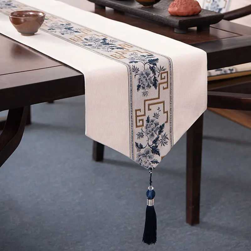 

Table Runner Silk-Linen Blend with Premium Chinese Pattern Tassels & Zen Embroidery for Tea Table Coffee Table, TV Cabinet Decor