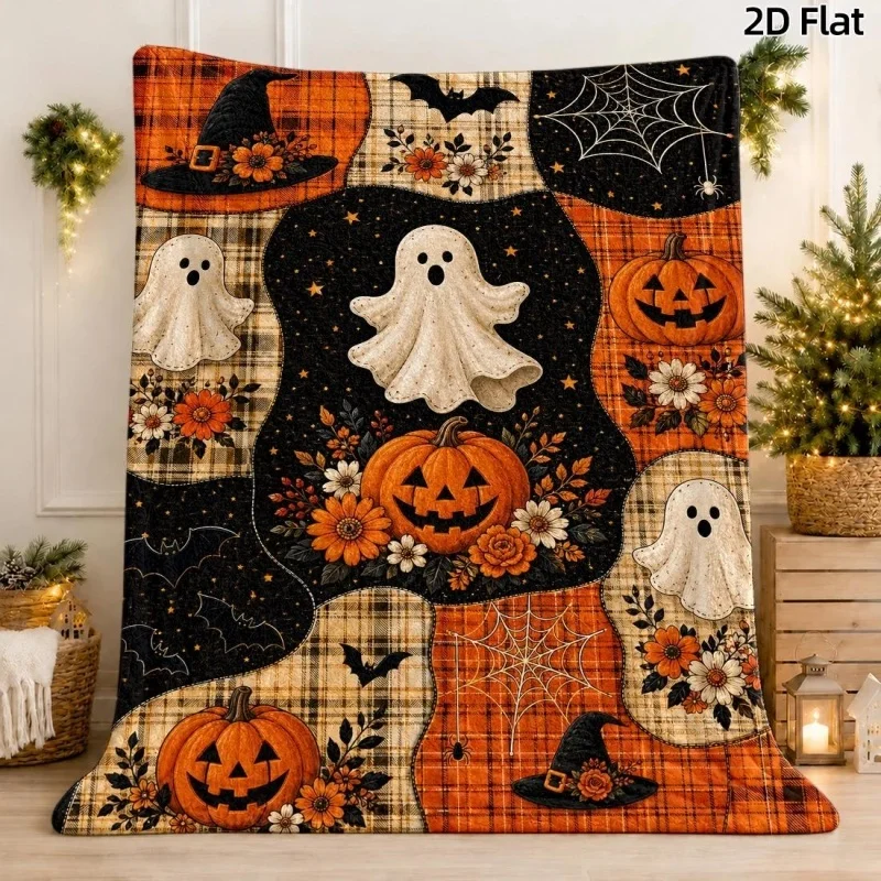 Halloween Haunted Castle Pumpkin Flannel Throw Blanket, Bat Full Moon Silhouette Print Soft Warm Blanket for Sofa Bed Home Decor