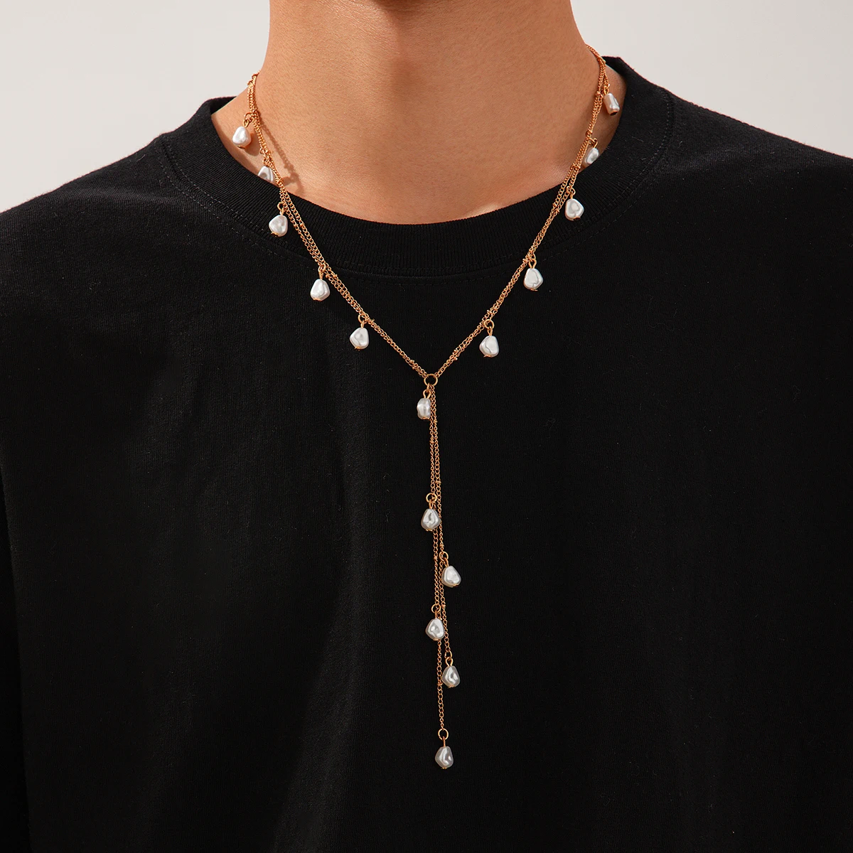 PuRui Creative Design Irregular Imitation Pearl Copper Tassel Long Chain Pendant Necklace for Men Women New Trend Jewelry Gift