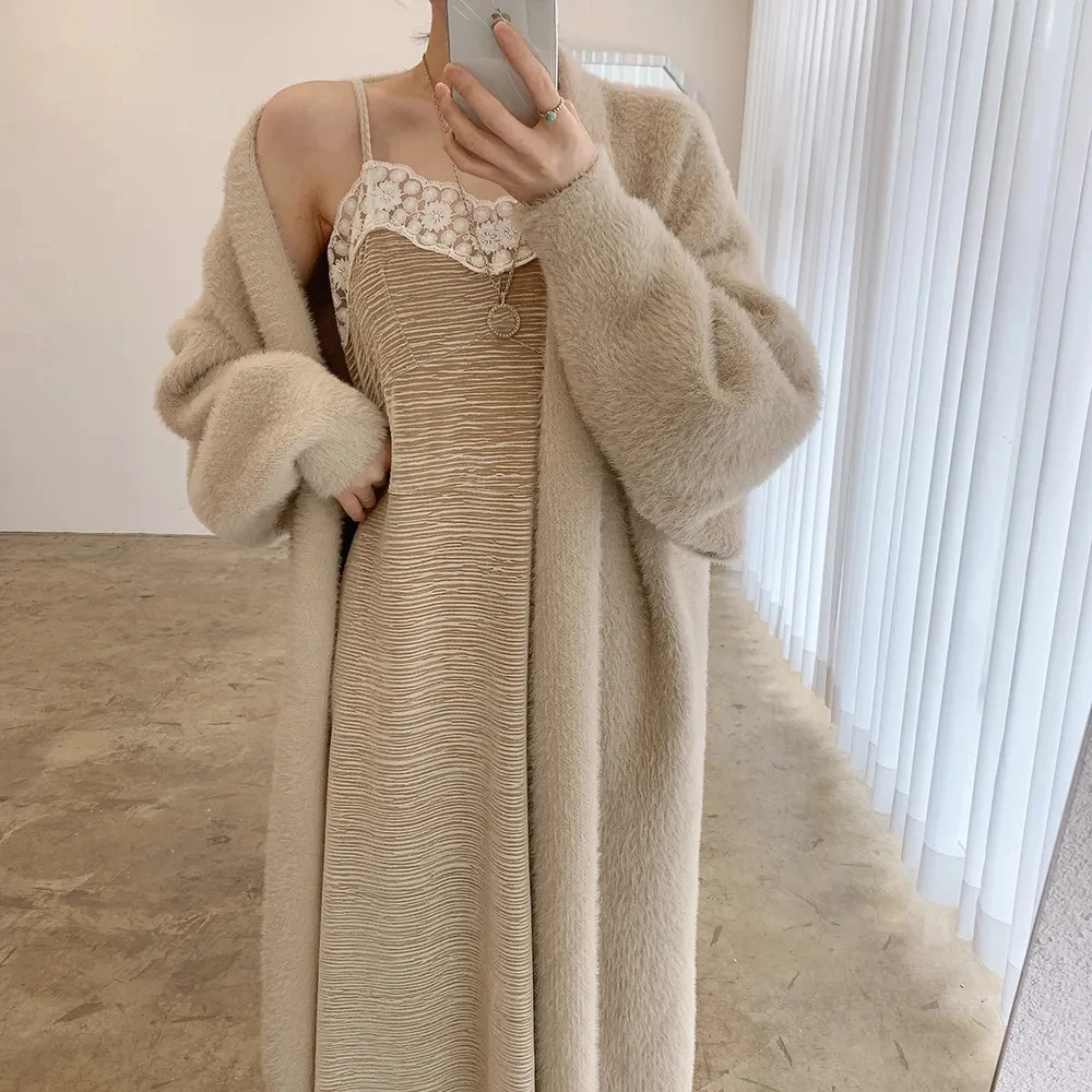 Faux Mink Cashmere Cardigan Autumn Winter Clothes Women Soft Loose Lazy Long Coat Thick Warm Knitted Sweater Outwear