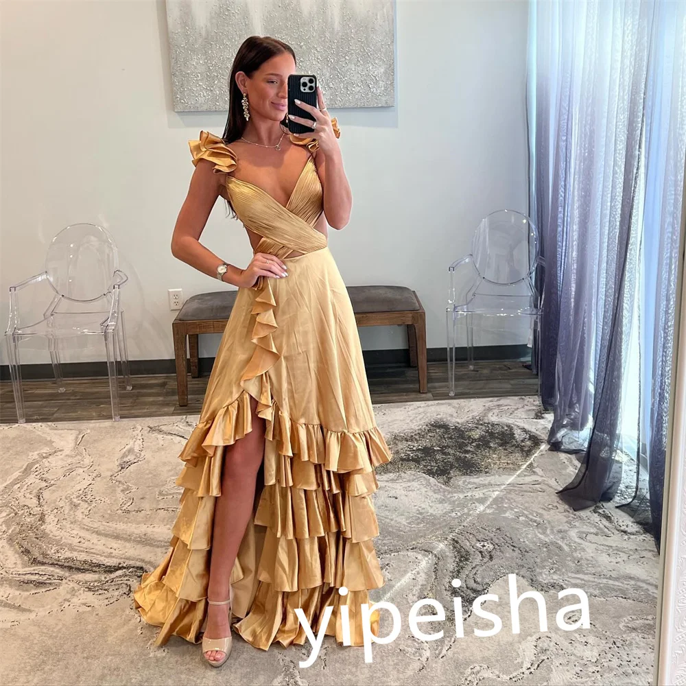 Customized Exquisite Matching V-neck A-line Evening Dress Formal Ocassion Gown Layered Satin vestidos de noche elegantes para mu