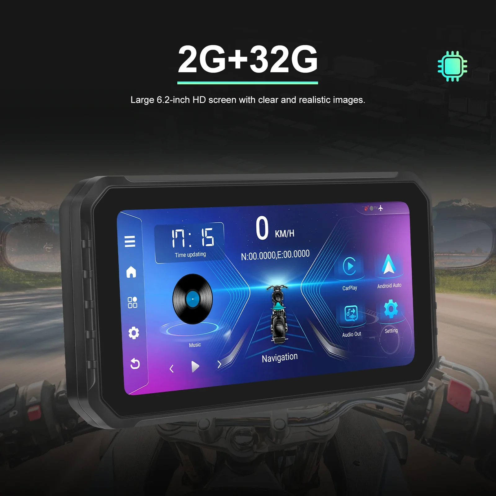 Monitor de Motocicleta Android Podofo, Jogador Portátil Inteligente, Navegação GPS, Monitor FM Moto, Carplay, Wi-Fi, 6.2 ", 2 + 32G