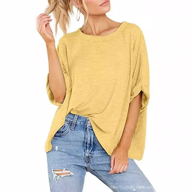 Short Sleeve T Shirt Women Clothes For Woman Round Neck Loose Fit T Shirts Oversized Rolled Cuff Sleeve Tee Knot Front Solid