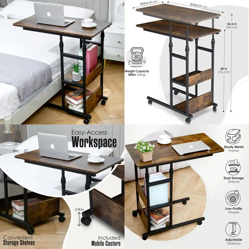 

Adjustable Height Rolling Side Table with Wheels, 37x32x16 Inches, for Bedroom, Dining, and Laptop Use