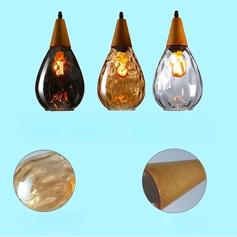 Nordic Raindrop Glass Pendant Lamp Bedside Resturant Coffee Shop Creative Decoration Solid Wood Water Pattern Ceiling Chandelier