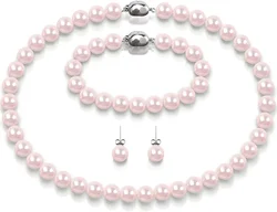 Pearl Necklaces Set 10mm Round romantic Pink Shell Pearl Necklace Includes Bracelet Stud Earring 3 Piece Jewelry For Women Men