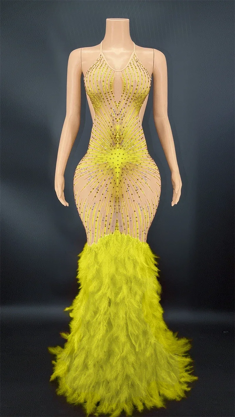 Multi Color Shining Diamonds Gorgeous Feathers Sexy Backless Halter Mermaid Floor Length Evening Dress Singer Stage Show Vestido