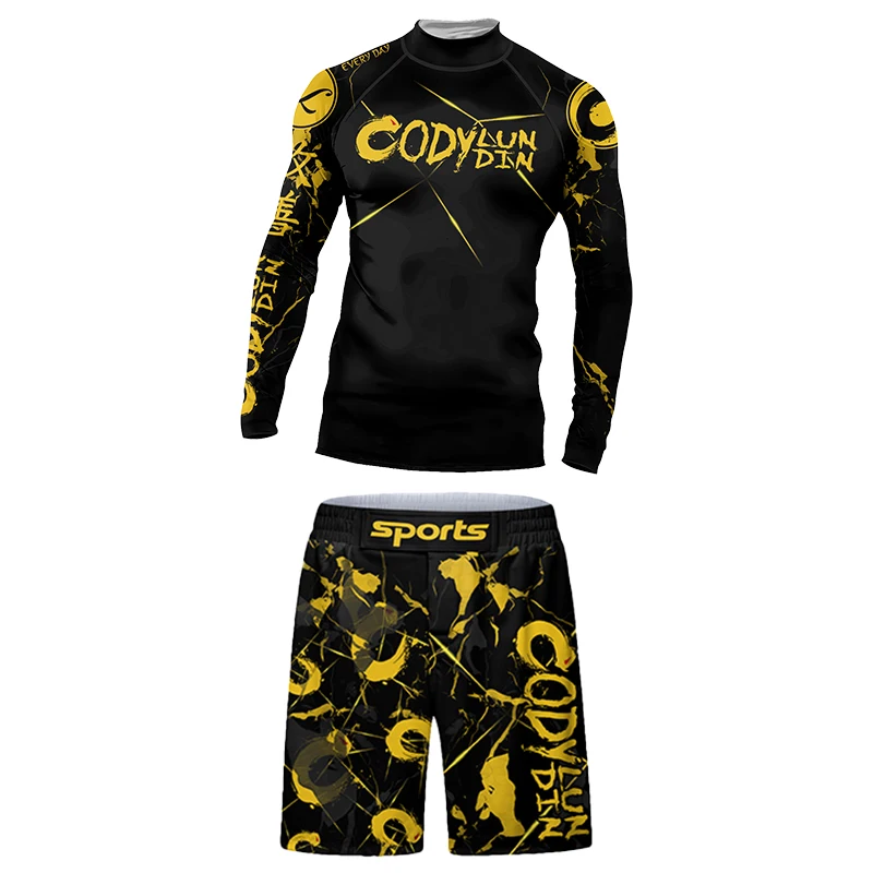 الذهب الأصفر Rashguard MMA تي شيرت + السراويل MMA السراويل 4 قطعة/المجموعة البرازيلي تصارع جيو جيتسو Bjj الملاكمة الفانيلة ضغط مجموعات