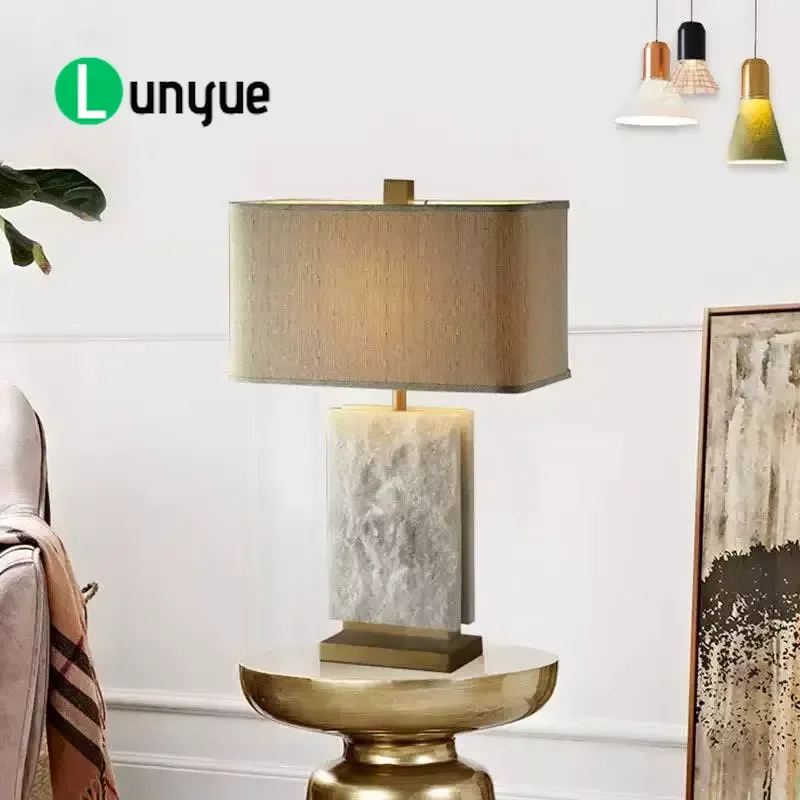 American Natural Snowflake Stone Desk Lamp Elegant Marble Design Modern Style E26 Base Ceramic Metal Linen Shade for Reading