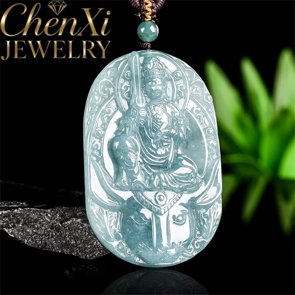 

Natural AGrade Blue Water IceGrade Jadeite Puxian Bodhisattva Hanging Pendant Of The Zodiac Snake Guardian Buddha Jewelry Amulet