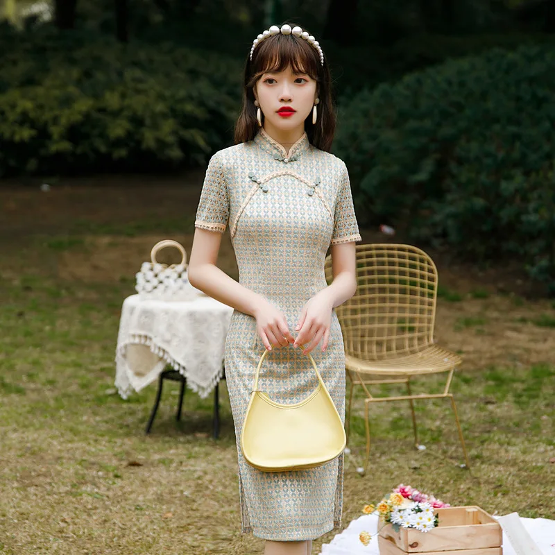 

Traditional Chinese Mandarin Collar Short Sleeve Chiffon Qipao Fashion Vintage Retro Women Girls Knee-Length Cheongsam Dress