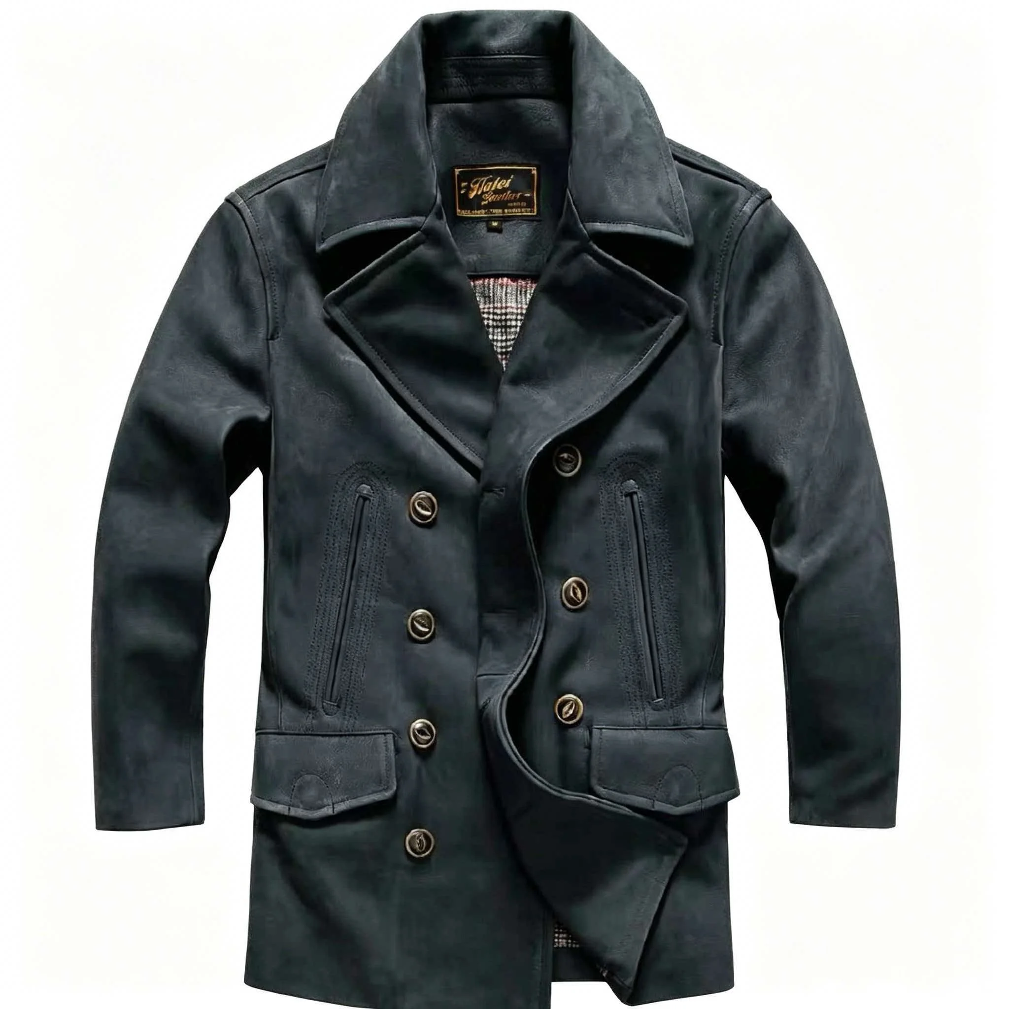 Dark Blue Winter Long Leather Jacket Men Retro Style Plus Size 5XL Genuine Natural Thick Cowhide Double Breasted 740 Pea Coat