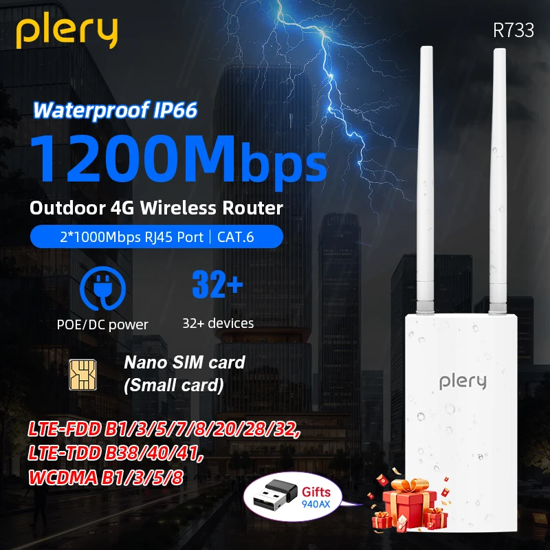 

Plery WIFI 5 1200Mbps WIFI Router 2.4G/5.8G Router 5 G Sim Card IP66 Outdoor AP 24V POE CPE 1000M WAN/LAN Ports EU PLUG