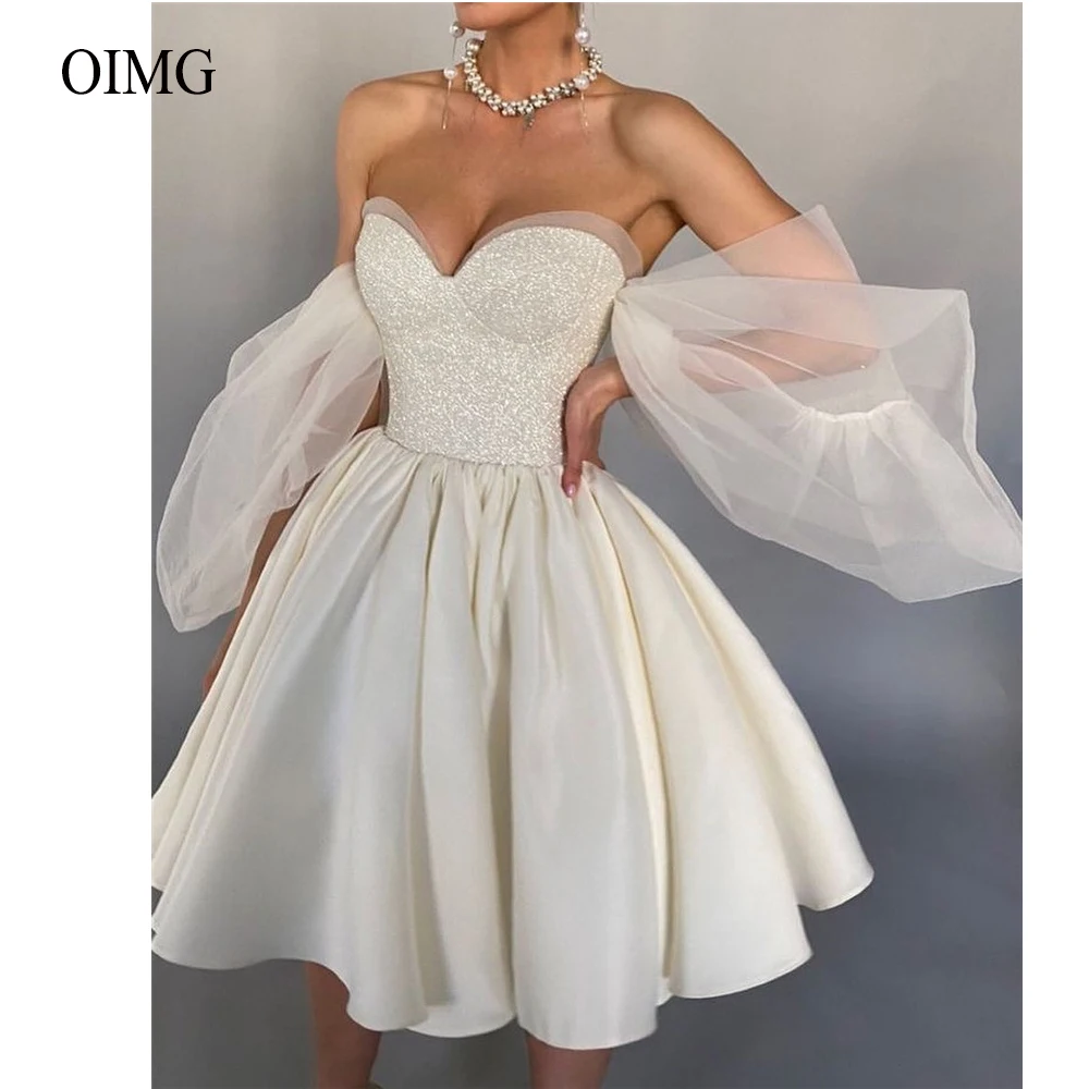 OIMG Off the Shoulder Ivory Short Wedding Dresses Sweetheart Puff Sleeves Satin Glitter Bridal Gowns Robe de soiree Formal Dress