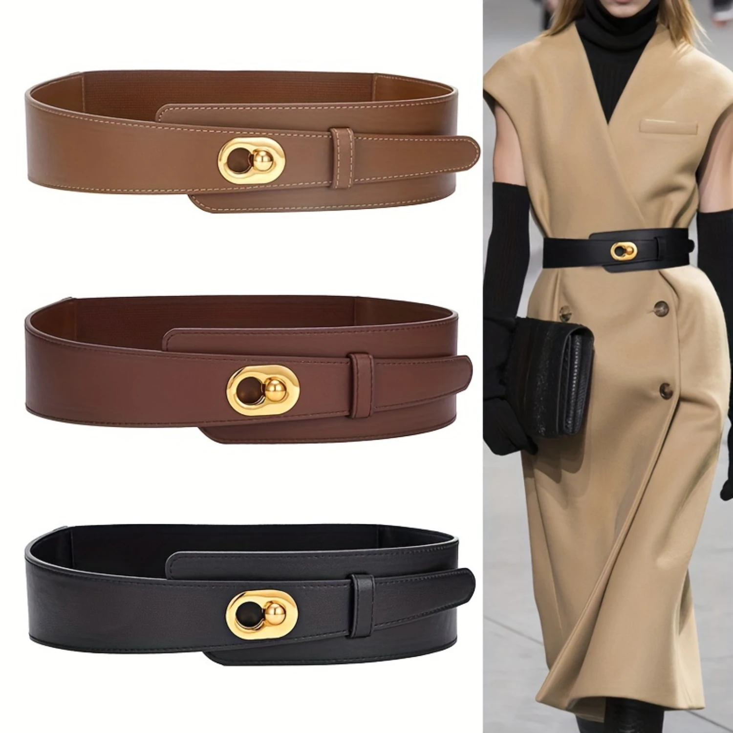 Premium Vintage Leather Belt for Women - Wide, Solid Color, Elastic Waistband - Stylish Lock Buckle, Adjustable Fit, Timeless Gi