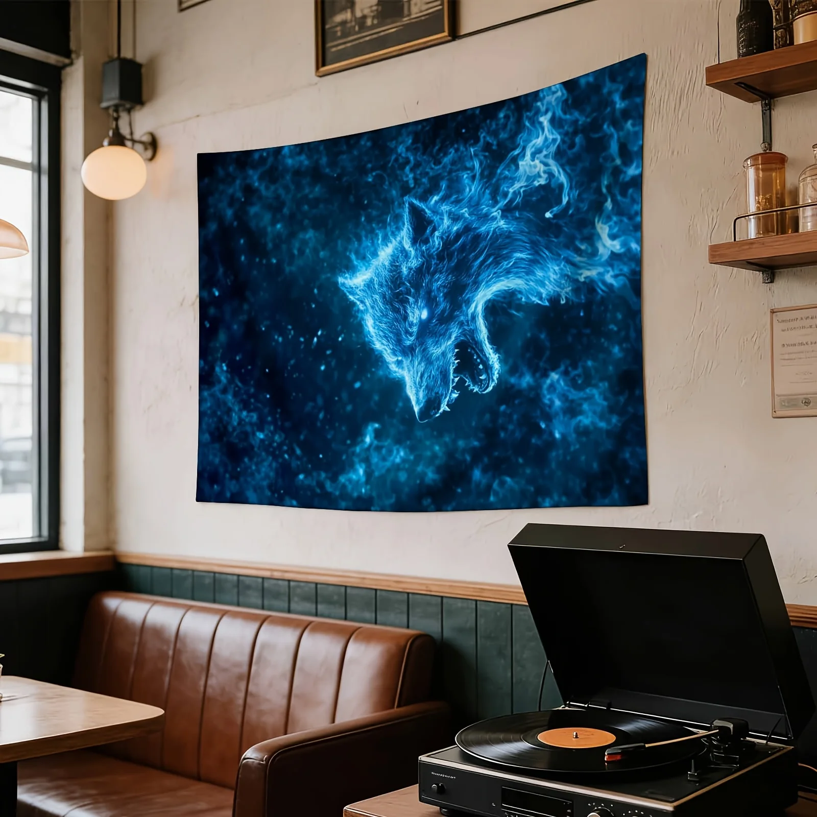 Cosmic Galaxy Wolf Tapestry Wall Decor Boho Bohemian Blue Mystic Animals Space Print Room Decoration Canvas Art for Bedroom Bath