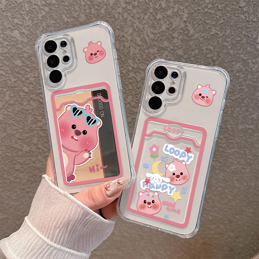 Cute pink anime Loopys Card Hold Phone Case For Samsung S24 S23 S22 S21 S20 FE Plus Ultra M33 M53 M54 5G Anti-fall Clear Cover