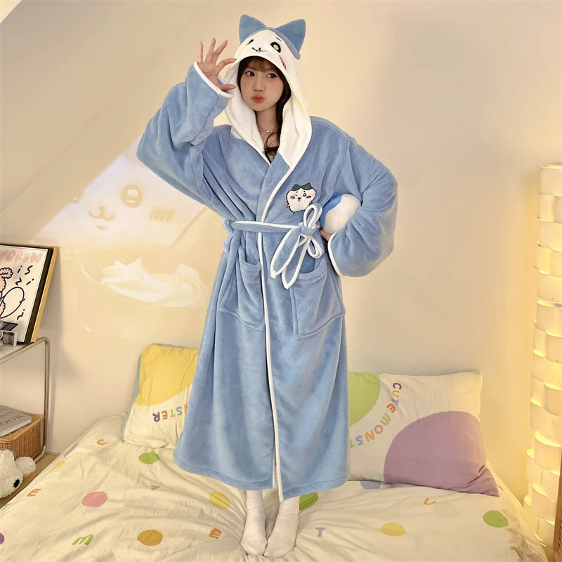 Anime Cinnamoroll Kuromi Vrouw Dikke Pyjama Halflange Nachtjapon Flens Pluche Badjas Absorberende Sneldrogende Homewear Yukata