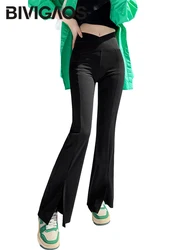 BIVIGAOS Women Spring New V High Waist Slit Shark Flared Pants Butt Lifter Sexy Pants Black Slim Casual Fashion Flare Trousers