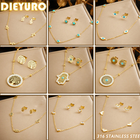 DIEYURO 316L Stainless Steel Tree of Life Turquoise Golden Necklace Earrings For Womens 2024 New Party Gift Fashion Jewelry Set