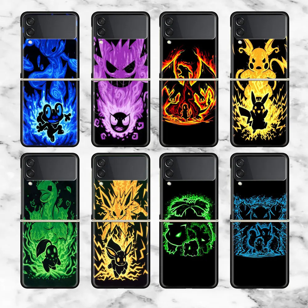 Case For Samsung Galaxy Z Flip 3 4 5G Black Hard PC Anti-knock Back Luxury Phone Cover Flip3 Flip4 Shell Pokemon Cool Pikachu