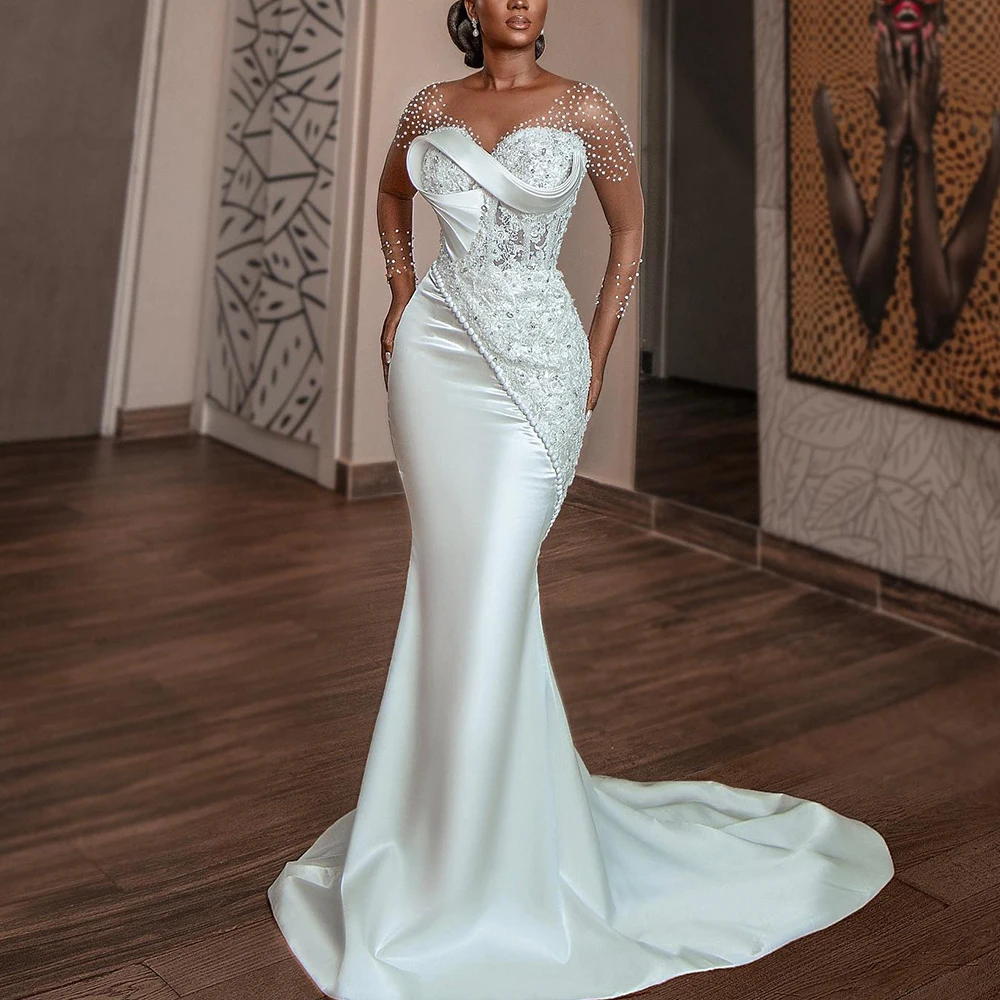 Africa Satin Mermaid Wedding Dresses for Bride O Neck Long Sleeve Lace Beading Pleats Women Court Civil Bridal Gowns Customized