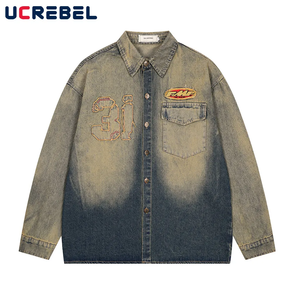 

Vintage Letter Embroidery Denim Jacket Mens Gradient Dyed Washed Distressed High Street Lapel Single Breasted Outerwear Men